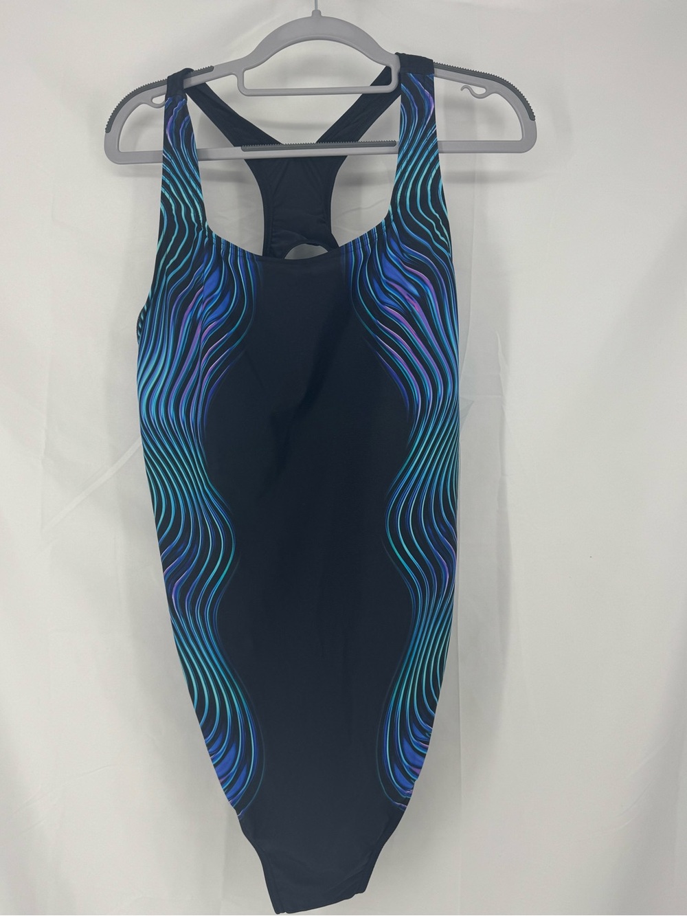 Women’s Black One-Piece Swimsuit with Blue Wave Accents